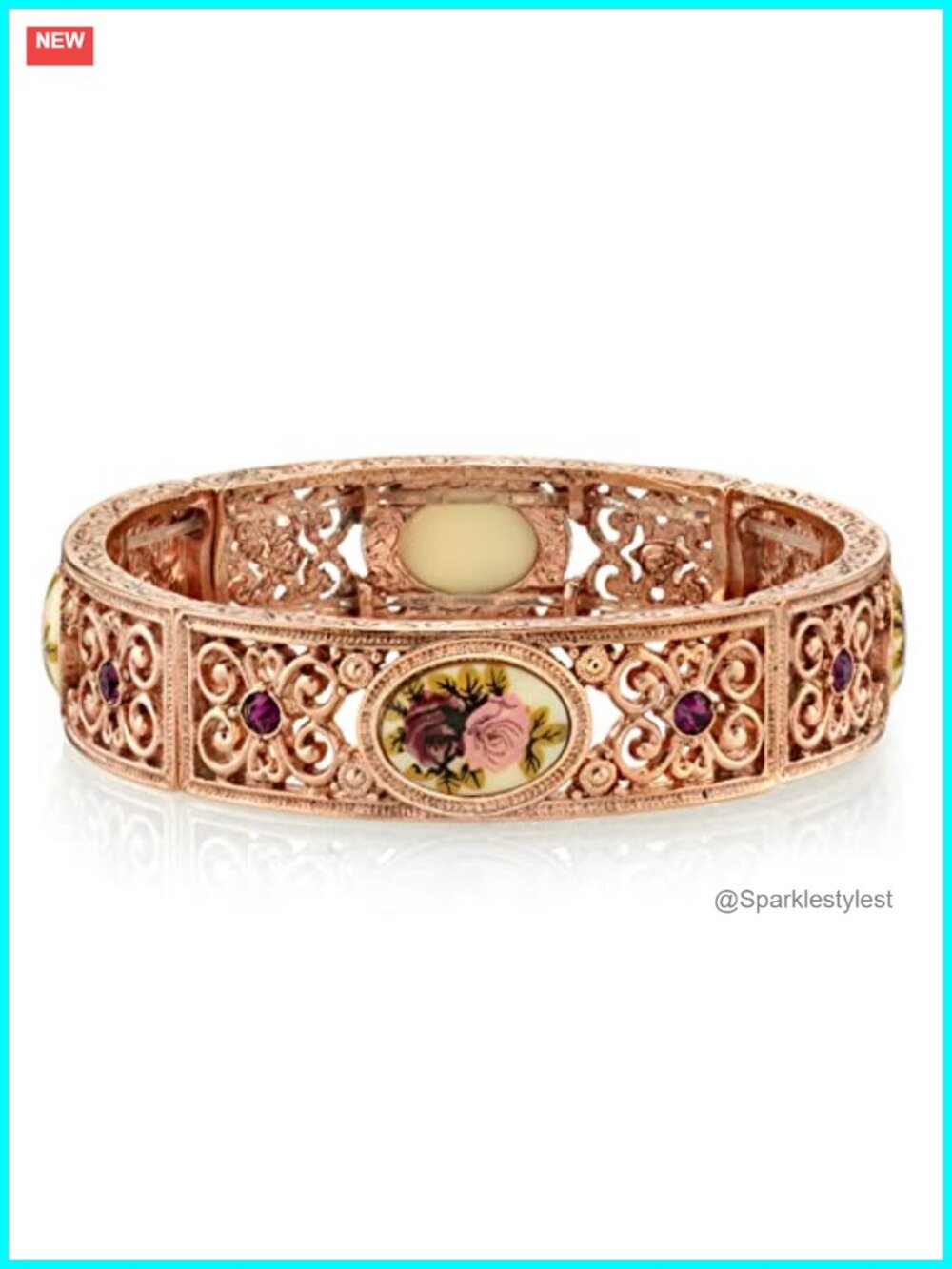 Rose Gold Tone Filigree Stretch Bracelet Purple Crystal Rose Floral USA